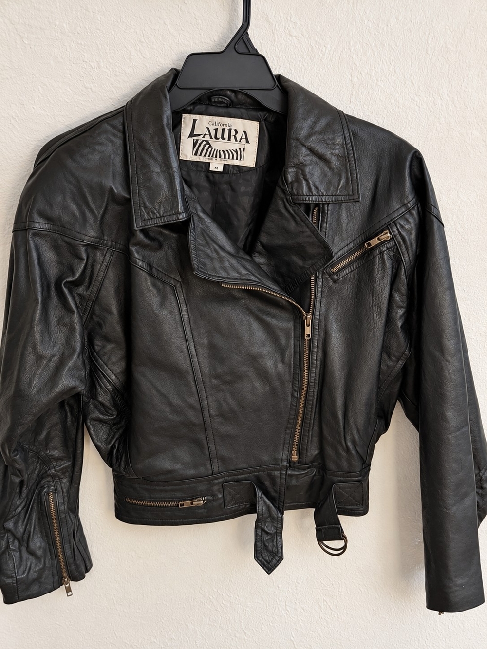 VTG 80s California Laura Cropped Leather Moto Jacket Batwing Sleeve M